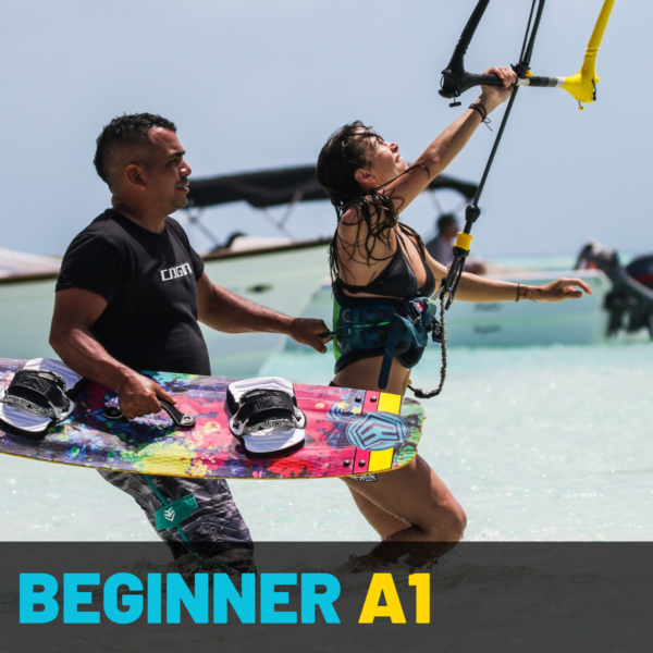 A kitesurfing student practicing body drag and mastering kite control on Zanzibar’s beaches during the Beginner A1 course at 3C Zanzibar, combining equipment knowledge and environmental awareness in one of the best kitesurf schools in Zanzibar.